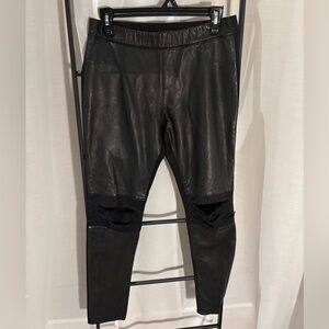 AS by DF Black Leather, Spandex & Cotton Leggings with Ripped Knees, Size M
